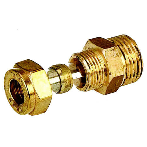 Raccord à bague biconique, mâle et cuivre brut.