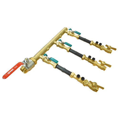 Gaine sanitaire avec vanne de coupure en entrée. Piquage avec vanne + manchette PVC 110mm+clapet NF+ vanne en sortie.